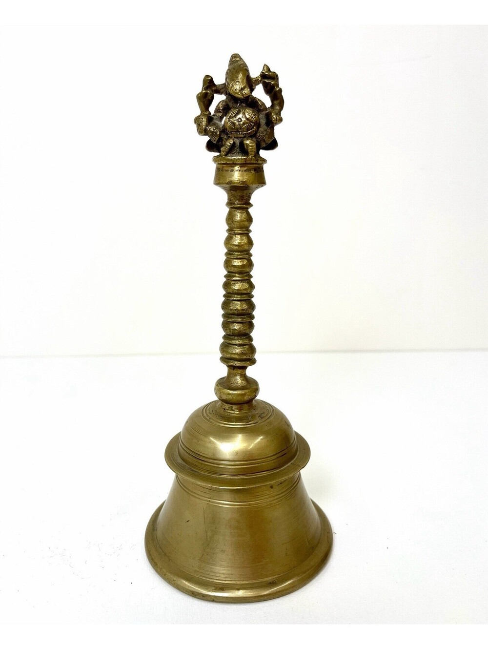 Vintage Brass Hindu Puja Bell Ganesha Handle Ghanti Prayer Altar Ritual 8.5"